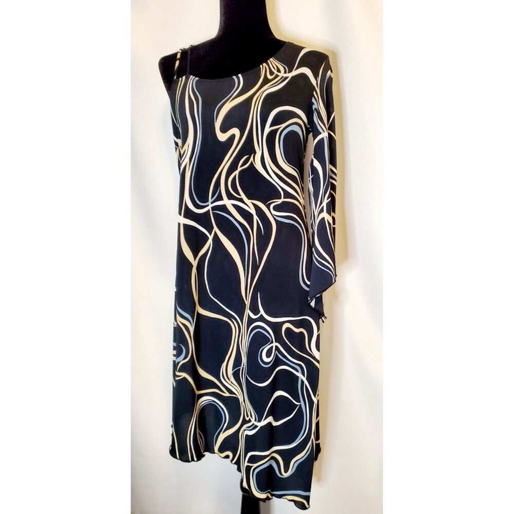 RAG Dress One Shoulder Black Multiprint Dress - Large